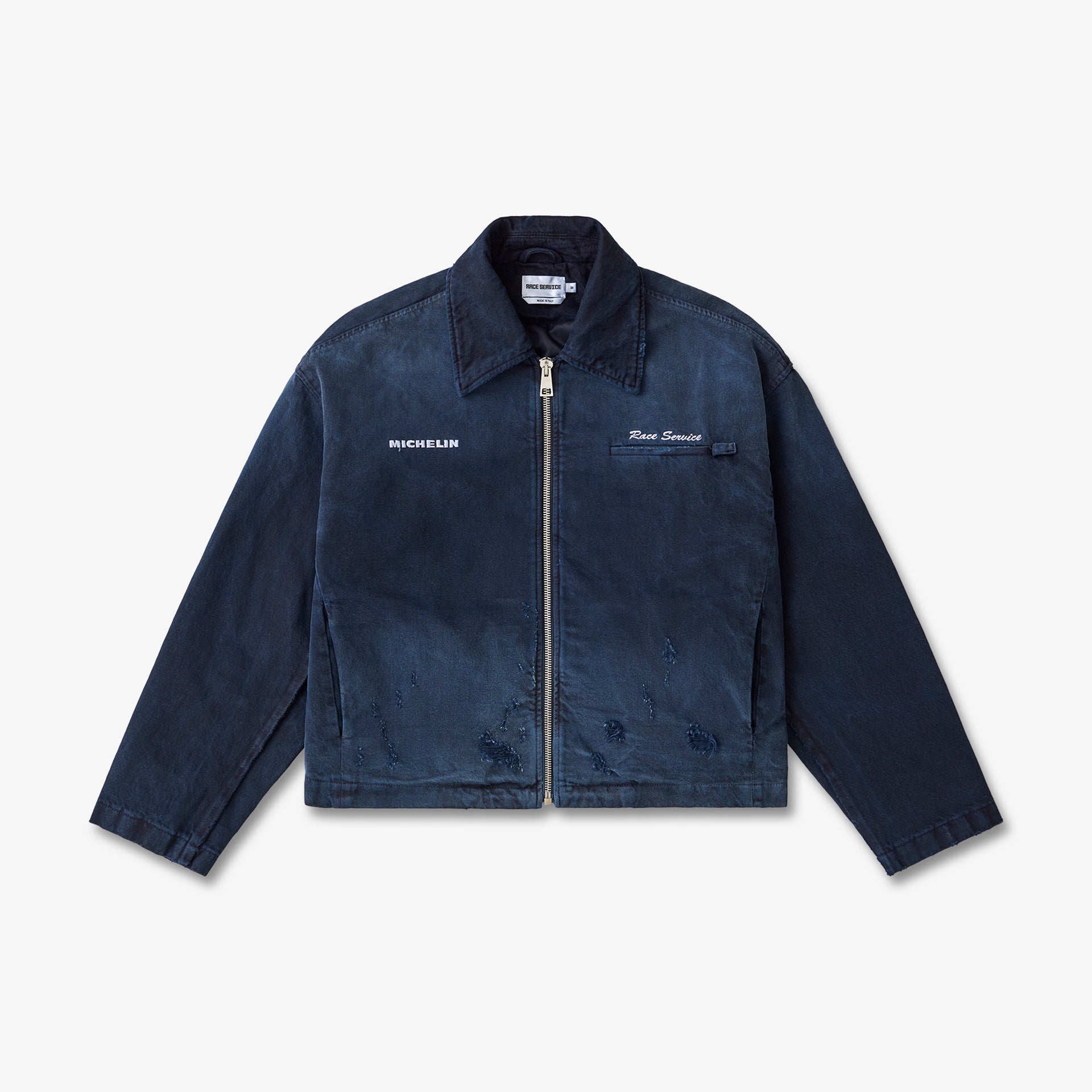 Race Service x Michelin 'Banquet Bib' Distressed Mechanics Jacket, Midnight Blue